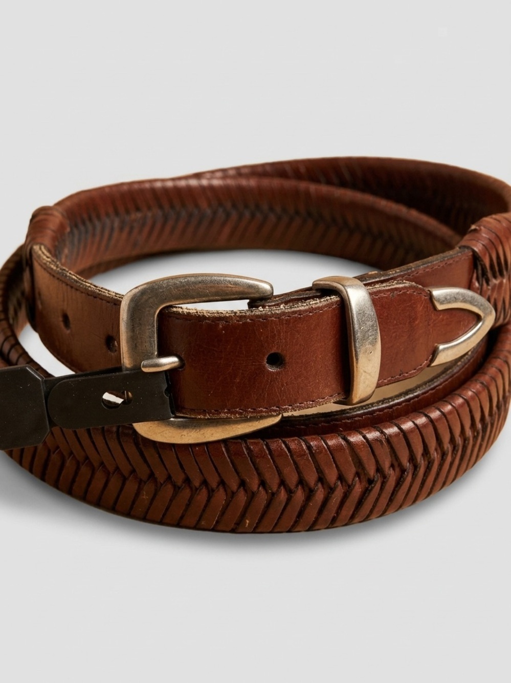 Vintage Brown Genuine Leather Belt with Woven Edge Detail Size 34/35